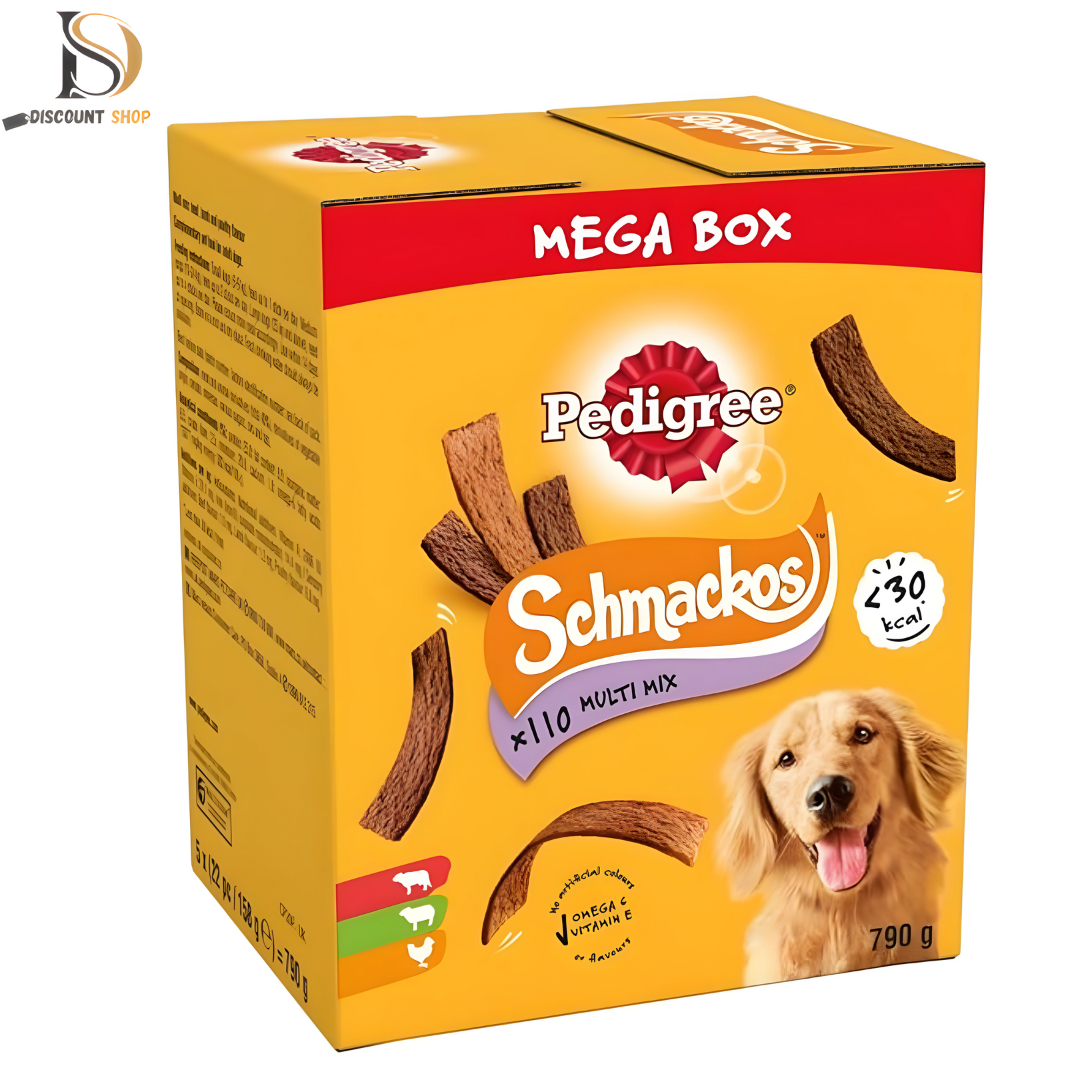 Pedigree Schmackos Mega Pack: 110 Strips with Beef, Lamb, and Poultry Flavors.